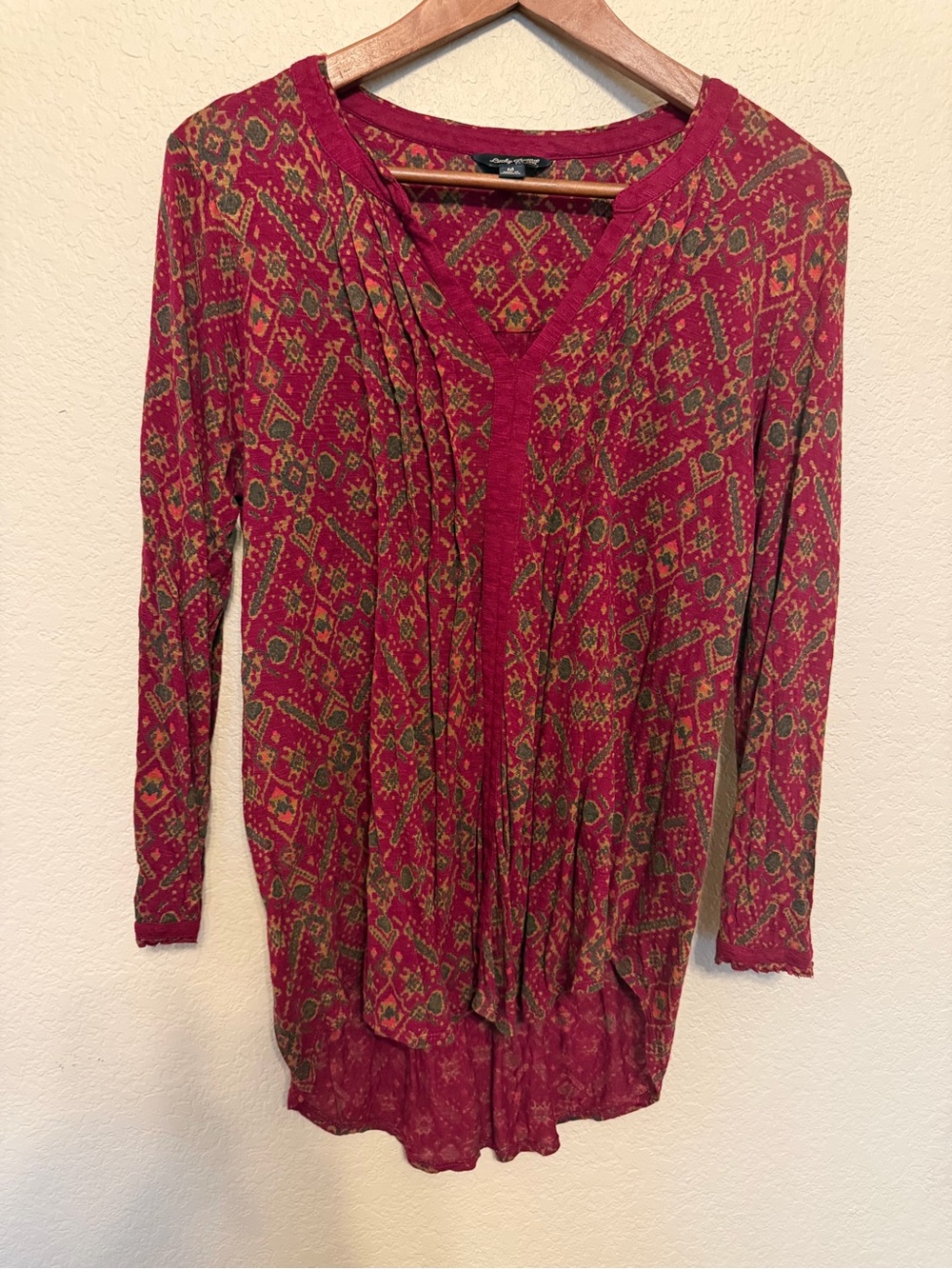 Lucky Brand Red Boho Western Aztec Print V-Neck Long Sleeve Tunic Top Medium